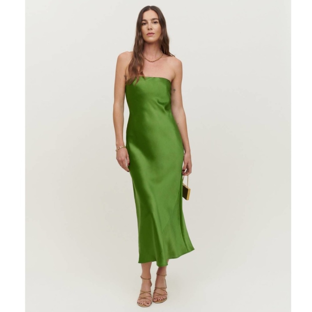 Reformation Emerald Green Satin Strapless Maxi Dress - Picture 2 of 7
